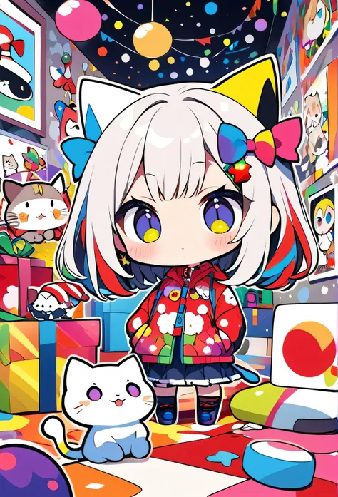  Ultra-realism Takashi Murakami colorful style,  simple line acronym ，Abstract art，(((The most beautiful girls))),  (((Chibi))), Pop and Kawaii design , Dark Eyes, (((Holiday Room))), (((Cute cat)))