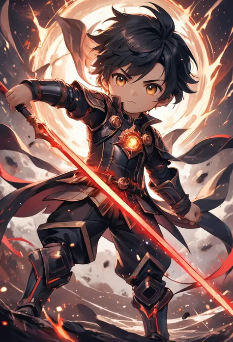 chibi, masterpiece, best quality, ultra-detailed, a dark warrior in mid-combat, swinging a massive cursed spear, energy waves ripple around him, dark energy envelops his form, his movements are swift and decisive, his cold expression shows confidence in his victory, swirling red and black energy follows his every move, the background is filled with darkness, with flashes of red and black lightning cutting through the shadows, creating an intense, chaotic scene of battle.