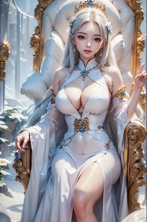 ((masterpiece:1.5、best quality, Very detailed:1.4、Realistic:1.3))(Luxurious throne), 1girl, face:sweet girl, Beautiful woman sitting on a luxurious throne. mefium breasts, white hair, flower background, photogenic

