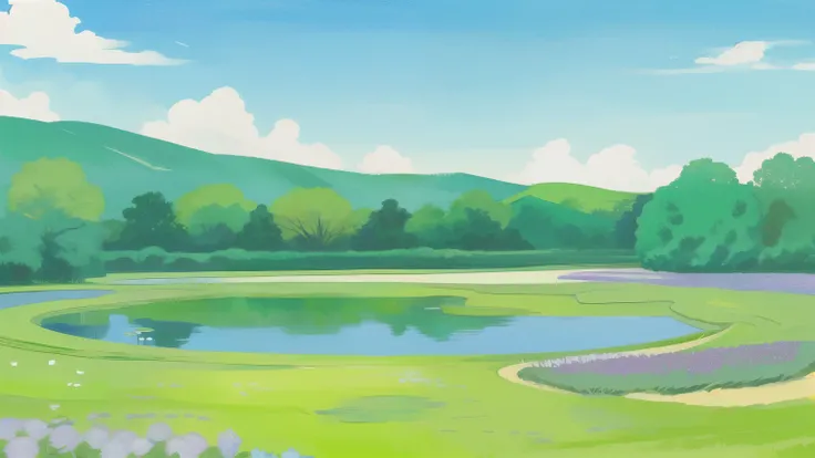 green field and large pond background illustration。Blue Sky。Small colorful flowers。