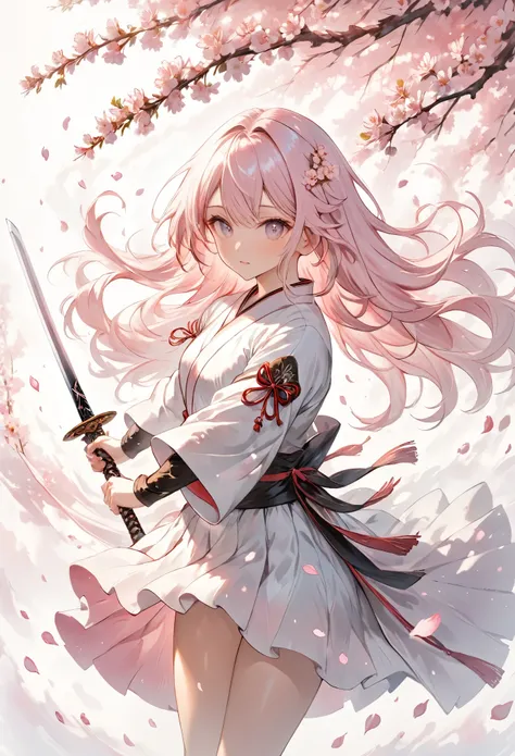 masterpiece, best quality, ultra-detailed, one woman spinning gracefully with a sword raised lightly, her movement blending with the swirling sakura petals in the air, her companions behind her, each in combat stance ready for battle, the cherry blossom tr...