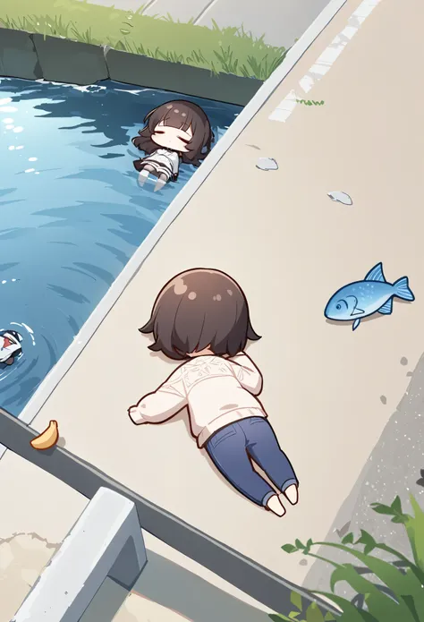 Chibi, One girl, Face down, spread, whole body, Casual clothing, Lying down, Asleep, back of head, relax,Do you look dead?? ,Rear View,break,Pedestrian path along the river, (A fallen bike by her side), (A banana beside her、Skin only), Fish jumping out of the river