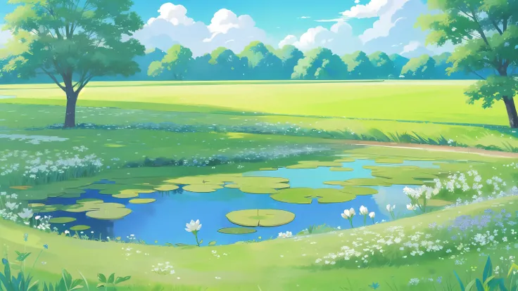  green field and pond background illustration。Blue Sky。small white flower 。