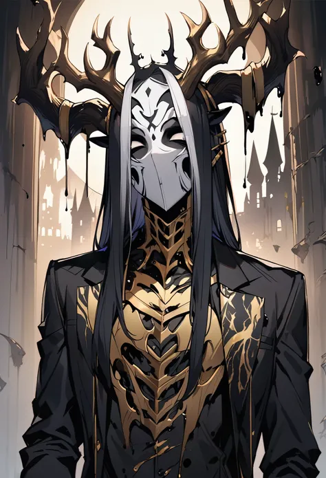 male,  Instead of Mouth 。 High Quality Image of a Ninja ,  Body in a Black Suit ,  Suit Decorated with Blue Gothic Lines,  Has Elk Horns on Her Head ,  White Mask Corroded by Black Blood ,  Suit Decorated with Eyes , Dripping Darkness ,  black eyes ,  Blac...