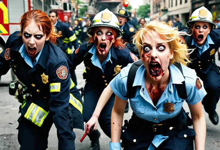Zombies in the citybusted street, herd, firefighter uniforms, torn, horror, action, screaming, fear, bones, interior, horror, blonde, redhead, hatred, brutality,A little bit of sexiness
