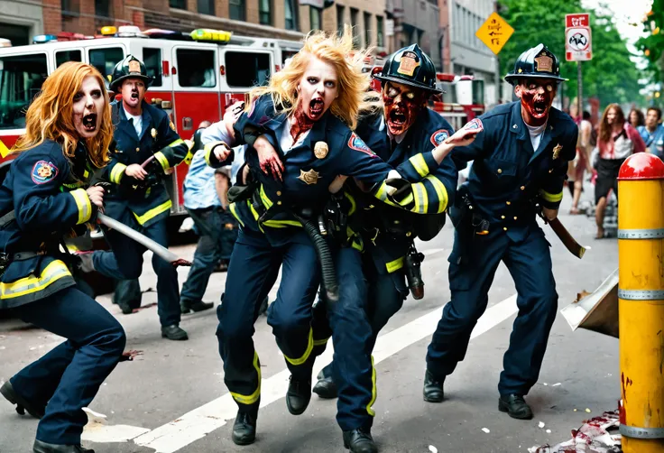 Zombies in the citybusted street, herd, firefighter uniforms, torn, horror, action, screaming, fear, bones, interior, horror, blonde, redhead, hatred, brutality,A little bit of sexiness
