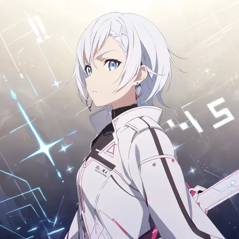 anime style, digital numbers background, white hair, sparkle earrings, short hair, light blue eyes, android, white outfit, white...