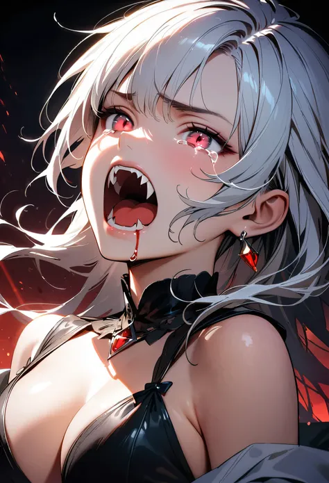 (Masterpiece, highest quality, Best Quality, Beautiful and aesthetic:1.2), portrait of an exotic, beautiful female vampire, (ultra-detailed face:1.3), dynamic white hair, silver eyes, (open mouth showing sharp fangs:1.4), a single red teardrop made of bloo...