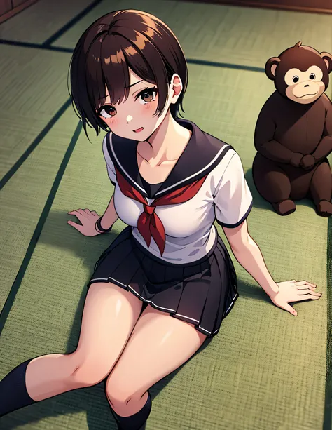 ((masterpiece, Redeem,  very detailed,  very beautiful 8K scene wallpaper)), , A little thick,Side part semi-short, medium hair ,Irene&#39;s bangs, dark brown hair with a hint of red,Black and subtle red,Side part semi-shortヘア,Messy Hair,  slightly reddish...