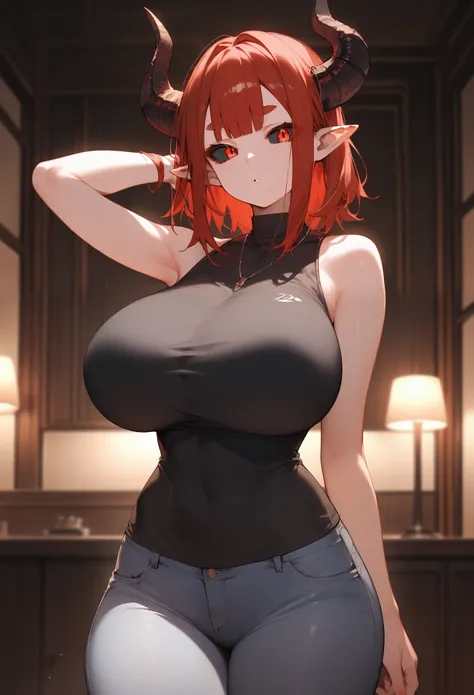 score_9, score_8_up, score_7_up, score_6_up, source_anime, anime, zPDXL3, style_4, 1girl, solo, huge breasts, curvy, looking at viewer, wide hips, red hair, red eyes, medium hair, indoors, night, black shirt, darkroom, taut clothes, sleeveless, jeans, shor...