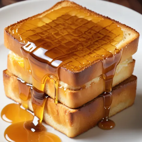 a delicious honey toast, food photography, golden brown toasted bread, dripping honey, glistening surface, close-up view, dynamic lighting, appetizing, high contrast, (best quality,4k,8k,highres,masterpiece:1.2),ultra-detailed,(realistic,photorealistic,photo-realistic:1.37),professional food photography, mouth-watering, tempting, golden honey syrup, crispy crust, soft interior, detailed texture, natural lighting, warm tones, appetizing, top-down perspective