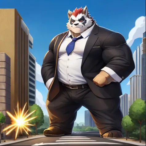 panda,  Tokyo Afterschool Summoners , Muscle, Muscleprotze, Muscle-Darm, mature male , teacher , kemono,tie,  shirt with collar , black suit,RPG game ,  character Housamo, (Massiv:3.0,großer Muscle:1.1(  heavyweight ,stark,Macro, Emphasize, Step on the rui...