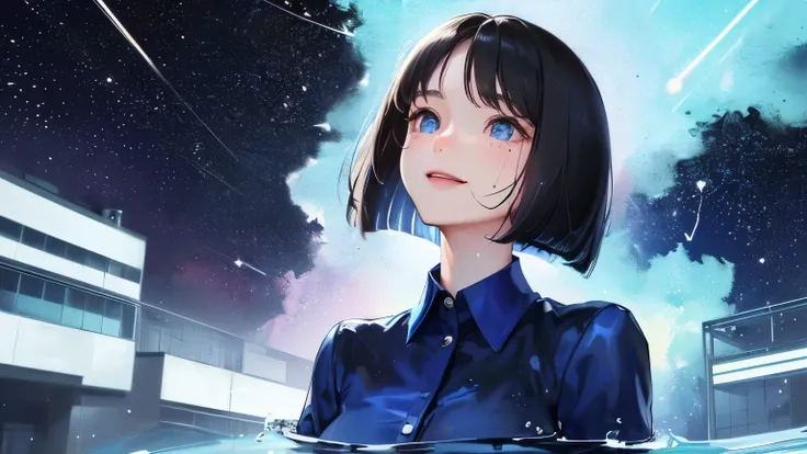 ((One Girl))),((((Looking up at the stars)))、((Night city background))),(((( Office Lady))),((( black hair short bob cut))),(((soaked))、(()),Front view、,Masterpiece,best quality,,((Blue Shirt))、((Smile))、determined expression, Upper body diagram、 ( highest...