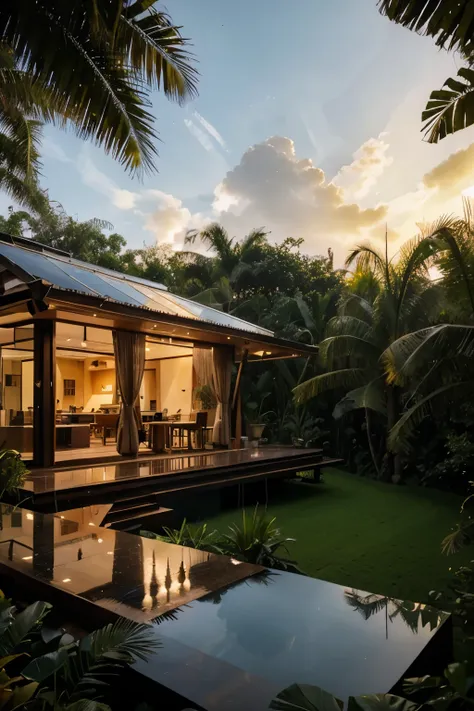 Boho style, luxury jungle villa with roof garden, glass villa with a sloping roof, modern, dynamic , perfect lighting, archdaily, award wining sustainable architecture, cinematic light, golden hour light
