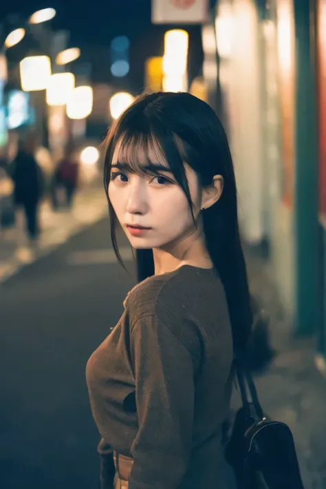 (Cinematic Aesthetics :1.4)  a blurred urban night image of a beautiful Korean fashion model