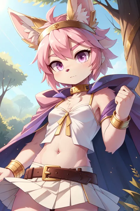 score_9,score_8_up,score_7_up, source_cartoon, source_furry, Furry female, fennec, two tone hair, white hair, pink hair, curly hair, mohawk hairstyle, magenta eyes, detailed body fur, small breasts, ((blue cloak, navel, white camisole top with gold band, w...