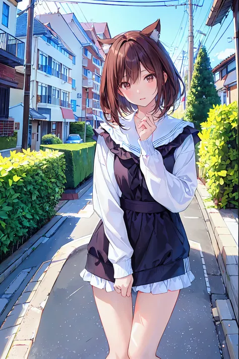 there is nothing、masterpiece、Chizuru Ichinose、Brown Hair、I、For Women、Outside the house、Residential Street， detailed background、Detailed eyes、（（ Brown Eyes ））,Beautiful and perfect legs, Clean and perfect hands， beautiful legs with tails， shortcuts，Slender ...