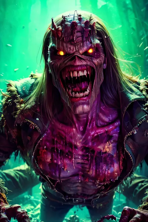 a close up of a person, a gym strong zombie, muscular monster,1 9 8 0's heavy metal album art, iron maiden, eddie , iron maiden ...