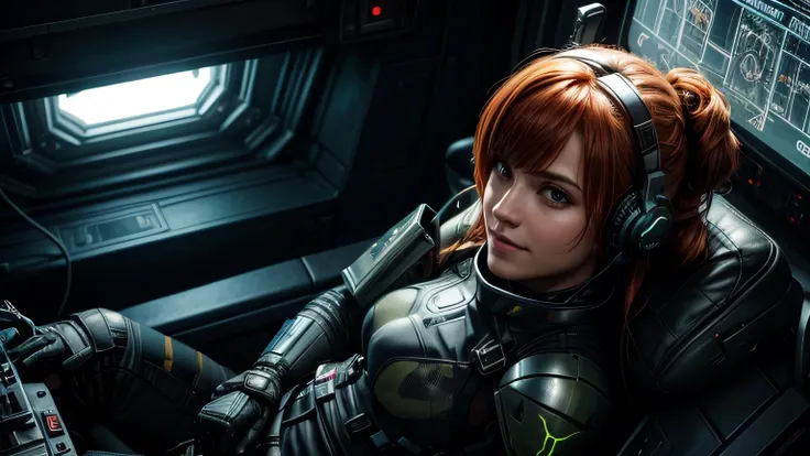 Full body general shot sitting in lateral foreshortening, pressing buttons for takeoff, sitting in the pilots chair of a spaceship, very technological, Perfect image, 8k, of a woman with orange-red hair with two buns tied on the sides of her head, very lon...