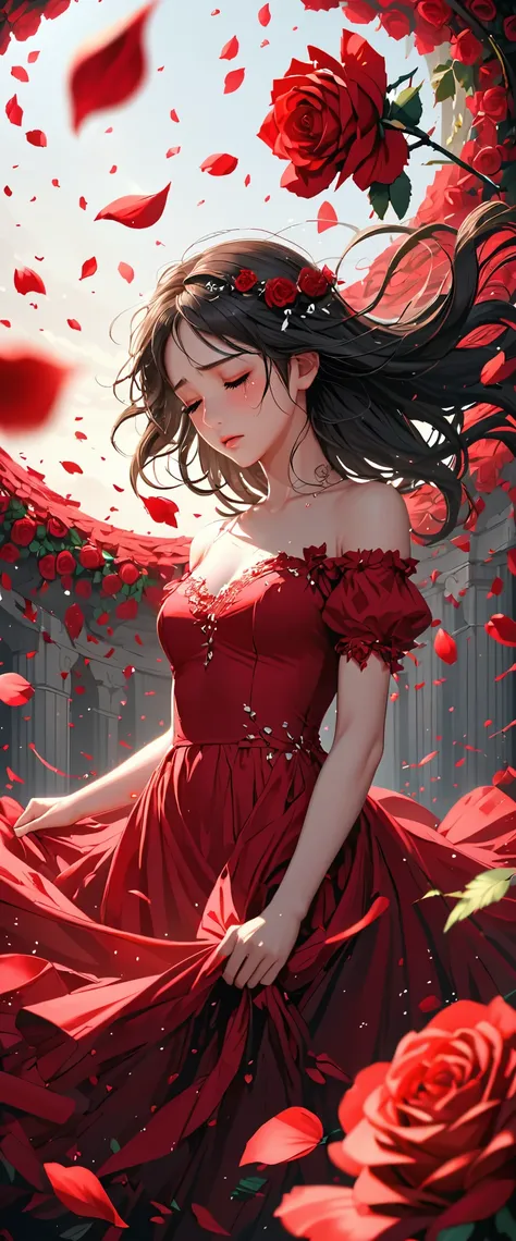 ((masterpiece:1.2))，((realistic anime art style))，(( very detailed art))，((Unity 8K quality ))，Girl in a crimson dress， hair floats in the wind ， countless rose petals dancing ， simple background full of warm light ，Tears，The expression enduring heartache ...