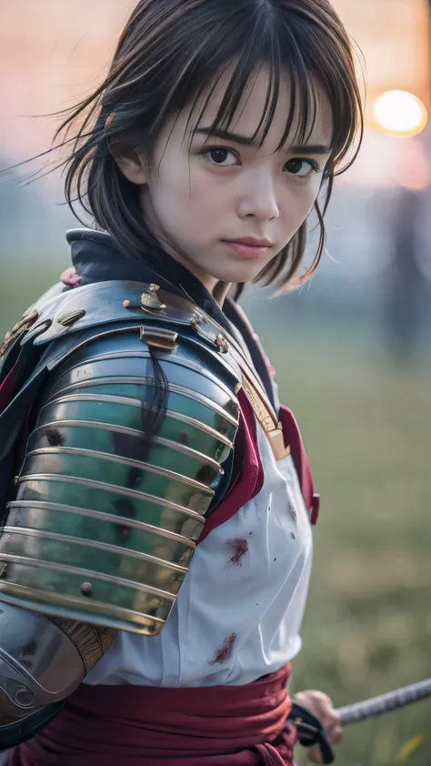 (Close up portrait of one slender small breasts round face brown short hair with bangs girl in a dirty green colored armor warrior as samurai in Japan:1.5)、(One girl makes fighting pose with a white-bladed sword on the grassland in Japan with crying dirty ...