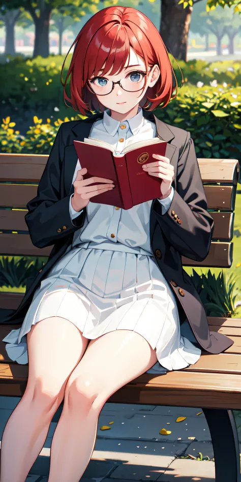 1 girl, reading a book, on the bench, in the park,  Short Hair , redhead, in glasses