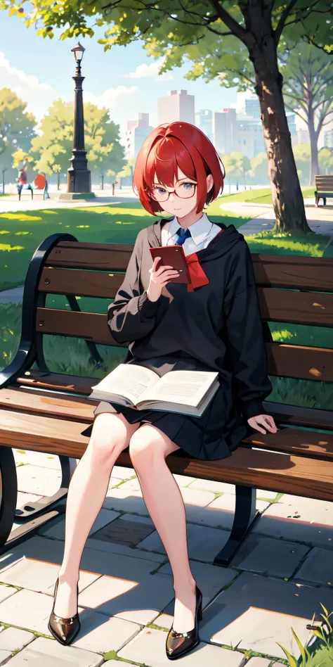 1 girl, reading a book, on the bench, in the park,  Short Hair , redhead, in glasses