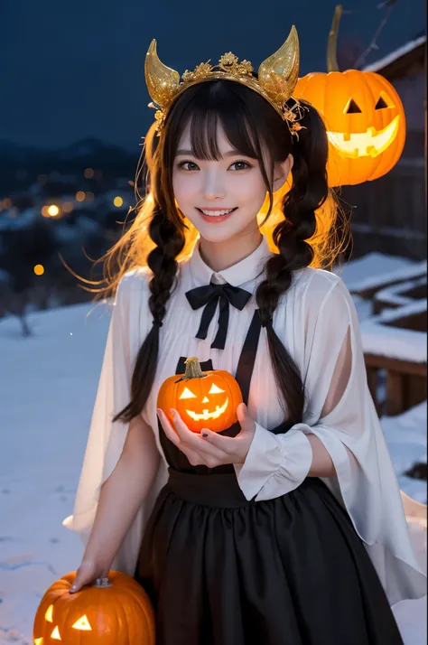  } Combining the spookiness and elegance of Halloween 。Moonlight illuminates her、It creates a fantastic atmosphere。 which further enhances the Halloween atmosphere 、 She has a basket filled with colorful little pumpkins 。Her outfit is、 creating a playful f...