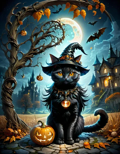 Illustration, oil painting, dark fantasy, black cat in Halloween costume, wearing witch hat, scythe with intricate patterns, multiple necklaces, pumpkin glowing orange on the ground, dark square, leafless Black tree, moon, old castle, bats are flying, masterpiece, best quality
