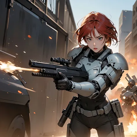 nsfw, very wide shot, anime screencap, 16k, perfect anatomy proportion body, action,  Dynamic composition with a sense of speed and dynamism, (Firing an assault rifle, shooting:1.6), a wife, 40age, perfect beautiful delicate sexy face, perfect beautiful de...