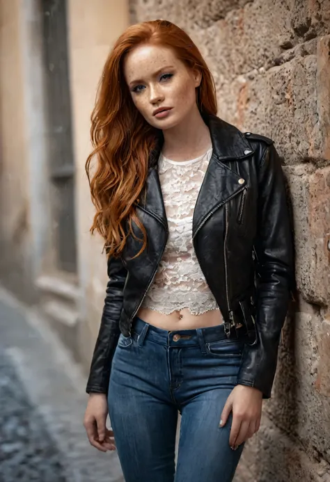 8k, RAW photography of Madelaine Petsch, full body shot, shot taken from far of a beautiful redhaired woman, sexy brown leather jacket, lace top and black jeans, leaning on the wall on the street in Rome,returning home from a party, very long messy hair, t...