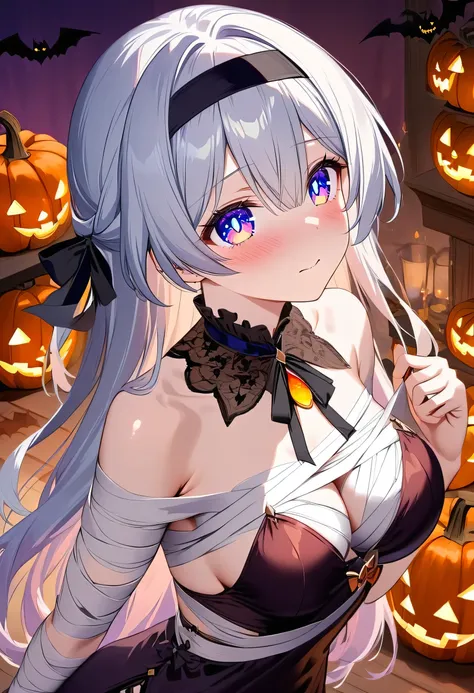 looking ahead, firefly \(honkai: star rail\), blue eyes, pink eyes, gradient eyes, grey hair, long hair, black hairband, medium ...