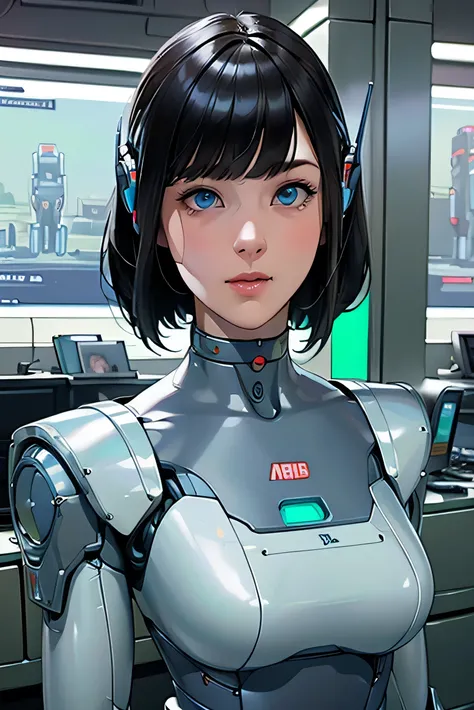 masterpiece, best quality, extremely detailed,  Japaese android girl,Plump , control panels,android,Droid,Mechanical Hand, Robot arms and legs, Black Robot Parts,Black hair,Mechanical body,Blunt bangs,White robotics parts,perfect robot girl,future informat...