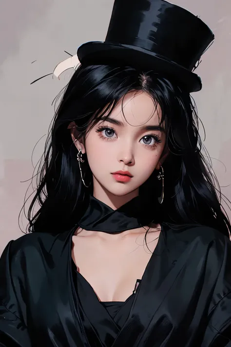 A beautiful woman. Black hair. Detailed depiction of the face. She is twenty-five years old. She is staring at the camera with a blank expression. She is wearing a top hat and a black robe. There are remains of a city destroyed by.