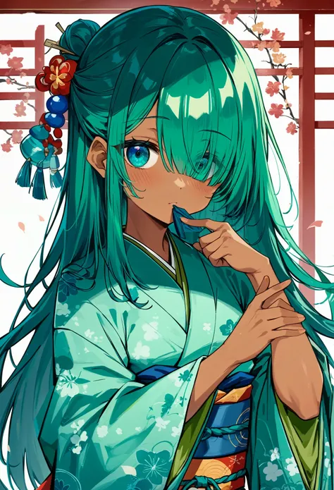  eyes seen through gaps in hair / bangs,( Hair covering one eye),、blue eyes,(( cute tanned girl)),((kimono)),Green long hair、G-string