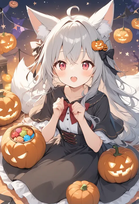 White fox girl 、Gray Hair、  Smooth Long Hair  、Fox Ears、  Foxs Fluffy Tail  、Ruby Eyes、Slanted Eyes、cute、Halloween、 jack-o-lantern background、Witch Costume、Begging for candy 、Looking up