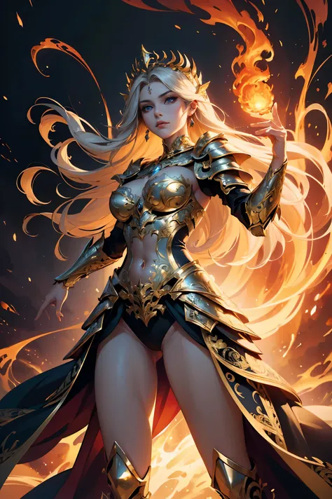 (Masterpiece, highest quality, Best Quality, Beautiful and aesthetic:1.2), full-body portrait of an elegant female magic knight, wearing intricate magic armor with detailed reliefs, (flames converging at her fingertips:1.3), ultra-precise and sharp depicti...