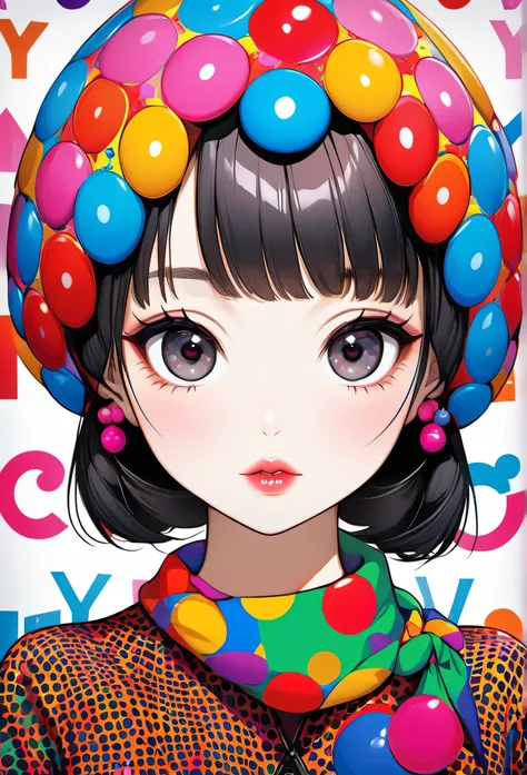  Ultra-realism Yayoi Kusama colorful style,  simple line acronym ，Abstract art，(((The most beautiful young girl))), Kind Face. Lips in Love, Pop and stylish design , Dark Eyes, (((Holiday Room))), (((Cute Protozoan)))