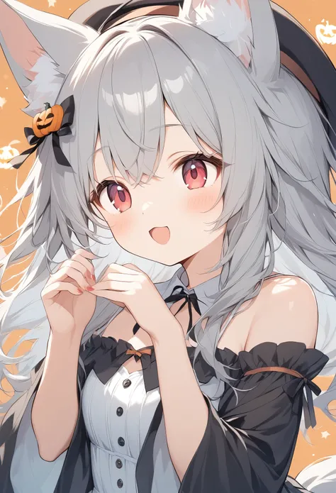 White fox girl 、Gray Hair、  Smooth Long Hair  、Fox Ears、  Foxs Fluffy Tail  、Ruby Eyes、Slanted Eyes、cute、Halloween、 jack-o-lantern background、Witch Costume、Begging for candy 、Looking up