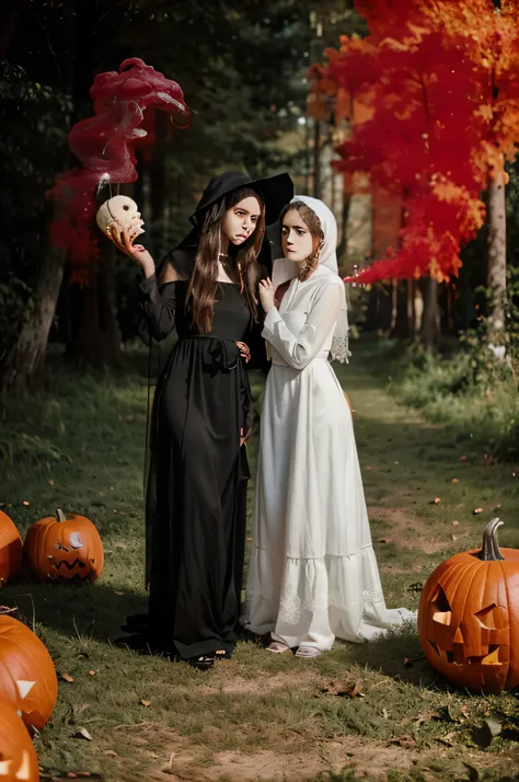 Two girls standing side by side.  A girl in a long black floor-length dress wearing a witch hat holds a human skull in her hands.  A girl in a long white sheet dress with a white bridal veil is standing next to .  Dark scary forest in the background .  Hal...