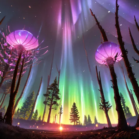 A mystical nighttime landscape illuminated by a stunning red aurora borealis that dances across the star-filled sky, casting a surreal glow over the scene. The ground is covered in a lush, dark green moss that appears almost velvety under the ethereal ligh...