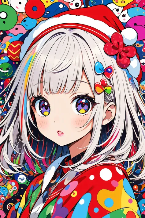 Ultra-realism Takashi Murakami colorful style, Simple Line Initialism，Abstract art，(((The most beautiful girl of all time))), Sweet face. Lips in love, stylish design, Dark Eyes, (((Holiday Room))), (((Cute amoeba)))