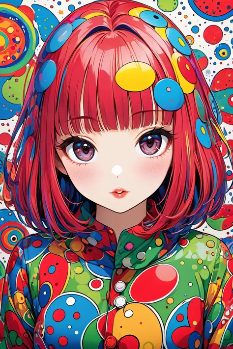 Ultra-realism Yayoi Kusama colorful style, Simple Line Initialism，Abstract art，(((The most beautiful girl of all time))), Sweet face. Lips in love, stylish design, Dark Eyes, (((Holiday Room))), (((Cute amoeba)))