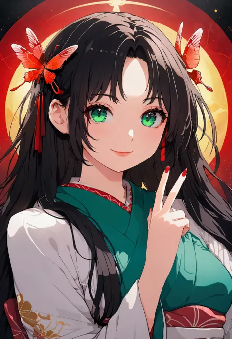 Best Quality,8k,masterpiece:1.3, Japanese anime style ,Human Girl,1 person,1 person,Petite, Glamorous Bodies,Curvy,cute,Smiling face,Beautiful long black hair, beautiful emerald green eyes ,face focus, I have red dragonflies perched on my index finger,My e...