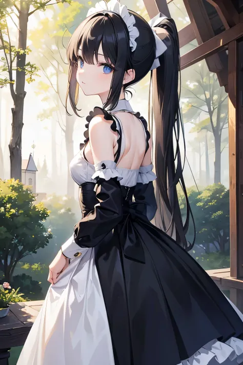 masterpiece,Best Quality, very detailed ,beautiful girl, teenager,Maid, long skirt,Outdoor,Mansion,Night Forest,Small breasts, thin waist, black hair ponytail , perfect eyes, very cute,Active pose
