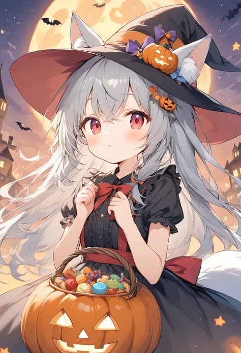 Thin and soft painting style 、White fox girl 、Gray Hair、  Smooth Long Hair  、Fox Ears、  Foxs Fluffy Tail  、Ruby Eyes、Slanted Eyes、cute、Halloween、 jack-o-lantern background、Witch Costume、They dont give me sweets and theyre relentless、:<,Looking up