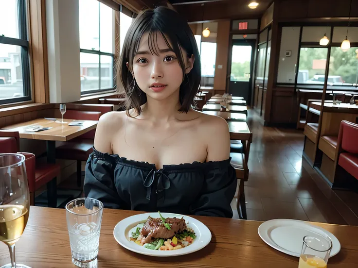  score_9,  score_8_Excellent,  score_7_Excellent, concept_POB DATING_You, 1 person, food, dish,  viewers, cup,Telephone, table, indoor, Sitting, restaurant, Wine Glasses, smartTelephone, chair, Blurred, meat, pov across table, POV Date、 short haired girl、s...