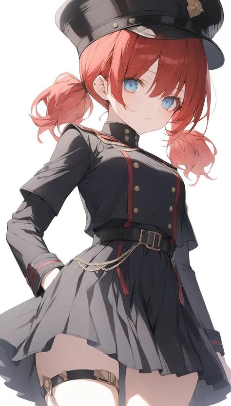 {{masterpiece}}, , ATTENTION TO DETAILS,One Woman、18 years old、 perfect proportions、Red Hair、short twintails、Blue Eyes、Tree Eyes、Expressionless、((White background)),(from front)、 Long Sleeve 、 black military uniform、military cap、Frills、 ta fashion 、 minisk...