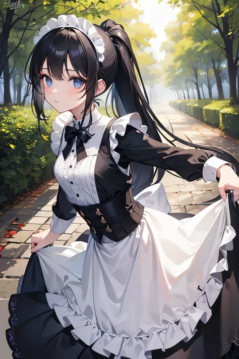 masterpiece,Best Quality, very detailed ,beautiful girl, teenager,Maid, long skirt,Outdoor,Mansion,Night Forest,Small breasts, thin waist, black hair ponytail , perfect eyes, very cute,Active pose
