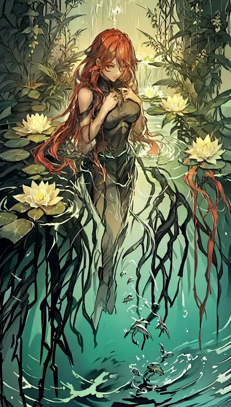 (zPDXL2), (PonyXLV6_Scores), source_anime, three-quarter portrait, asymmetric image,
large breasts, ginger hair, 1girl, yum4rt, plants, glowing, water